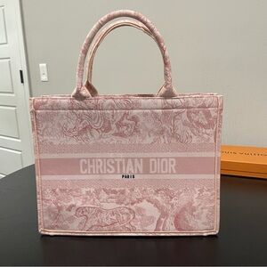 Dior book tote ecru and pink toile de jouy embroidery medium